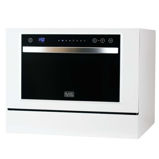 Profile of 6 place setting compact countertop dishwasher.
