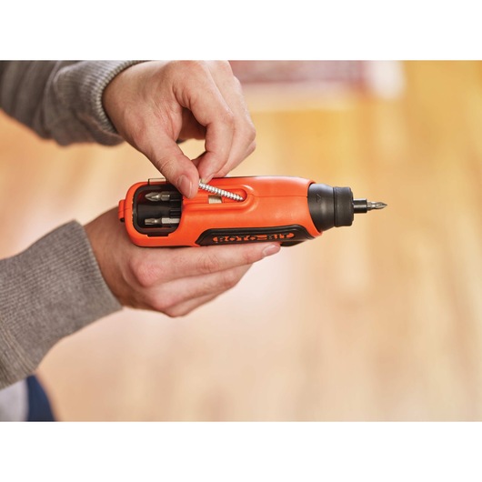 On board magnet feature of 4 Volt ROTO BIT Storage Screwdriver.