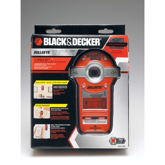 Bulls Eye Auto Leveling Laser with Stud Sensor in cardboard packaging.