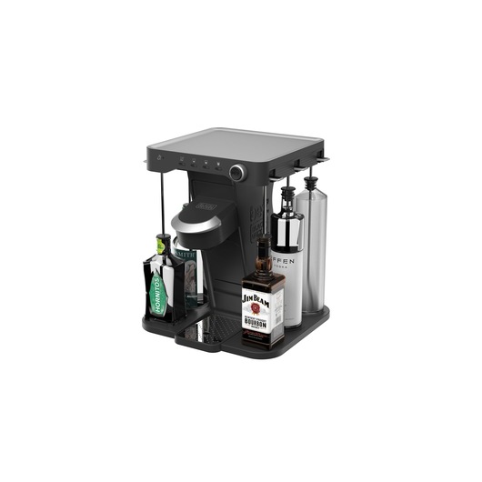 front view of the bev by BLACK+DECKER™ cocktail maker with Jim Beam brand liquor bottles