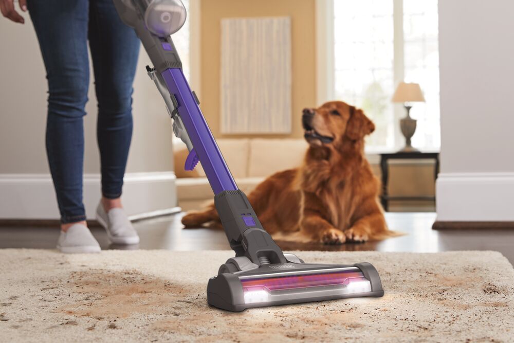 POWERSERIES Extreme Pet Cordless Stick Vacuum Cleaner being used to pick up dog mess from floor rug.