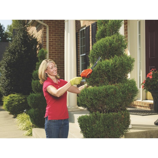 Lithium 2 in 1 garden shear shrubber combo being used by a person.
