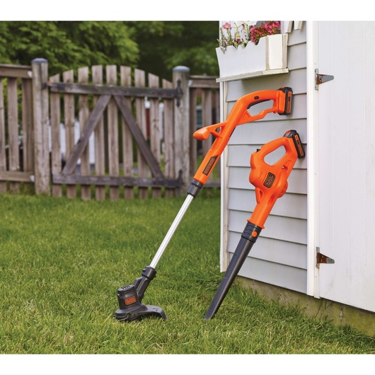 Lithium 10 inch string trimmer / edger hard surface sweeper plus 2 battery combo kit.
