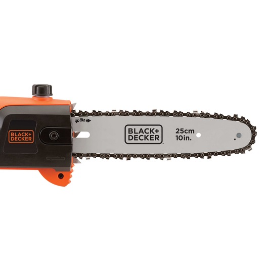 Low kickback bar and chain feature of pole saw.
